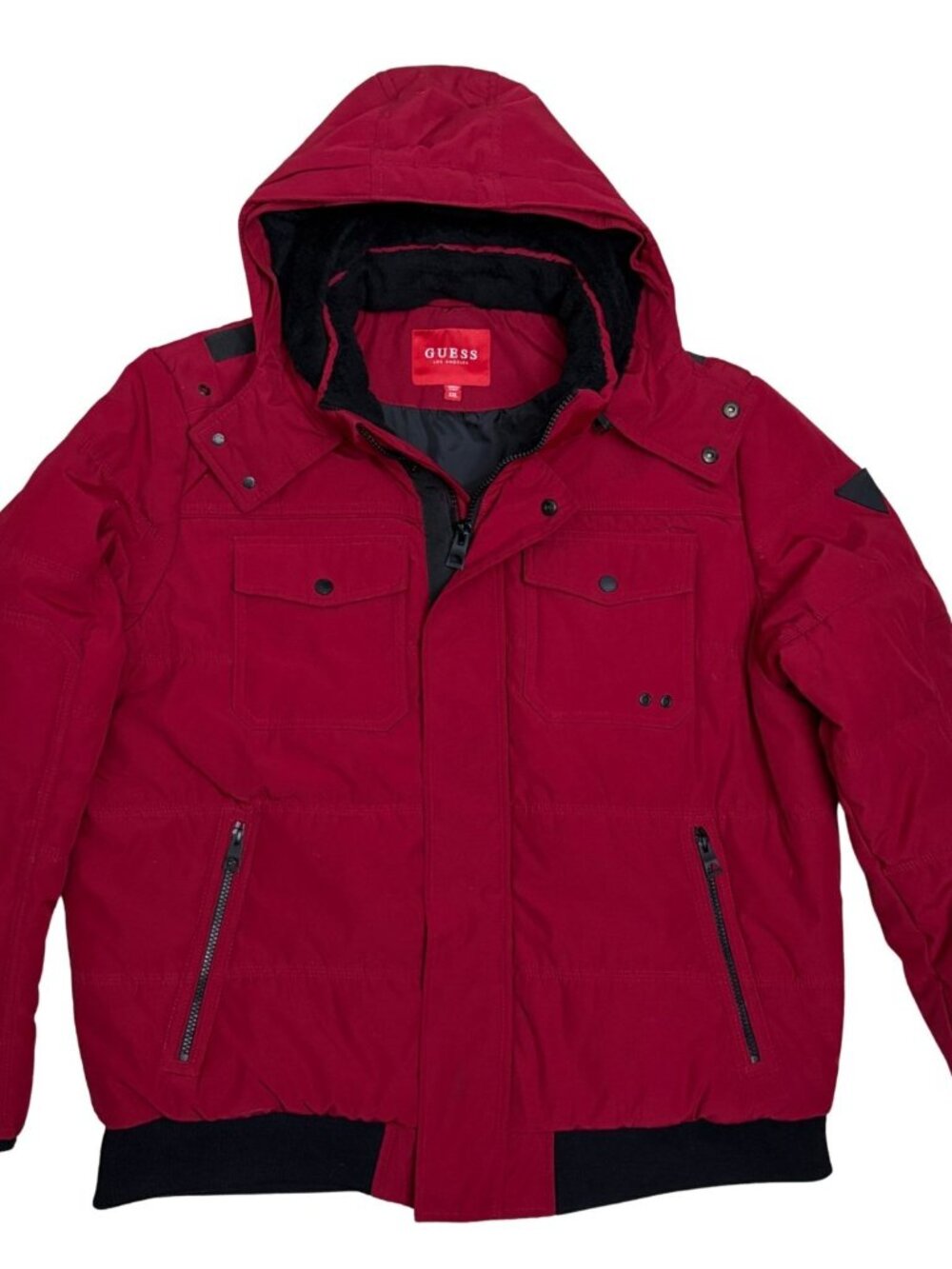 GUESS Winter Parka Coat Red Puffer Designer Hooded Jacket Mens 2XL
